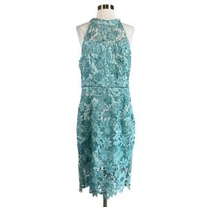 Eliza J Floral Lace Backless Midi Sheath Halter Cocktail Dress Teal Blue Size 8